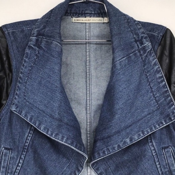 NWT [Romeo & Juliet Couture] Blue Denim Open Jacket w/ Faux Leather Sleeves Sz S - Picture 2 of 8
